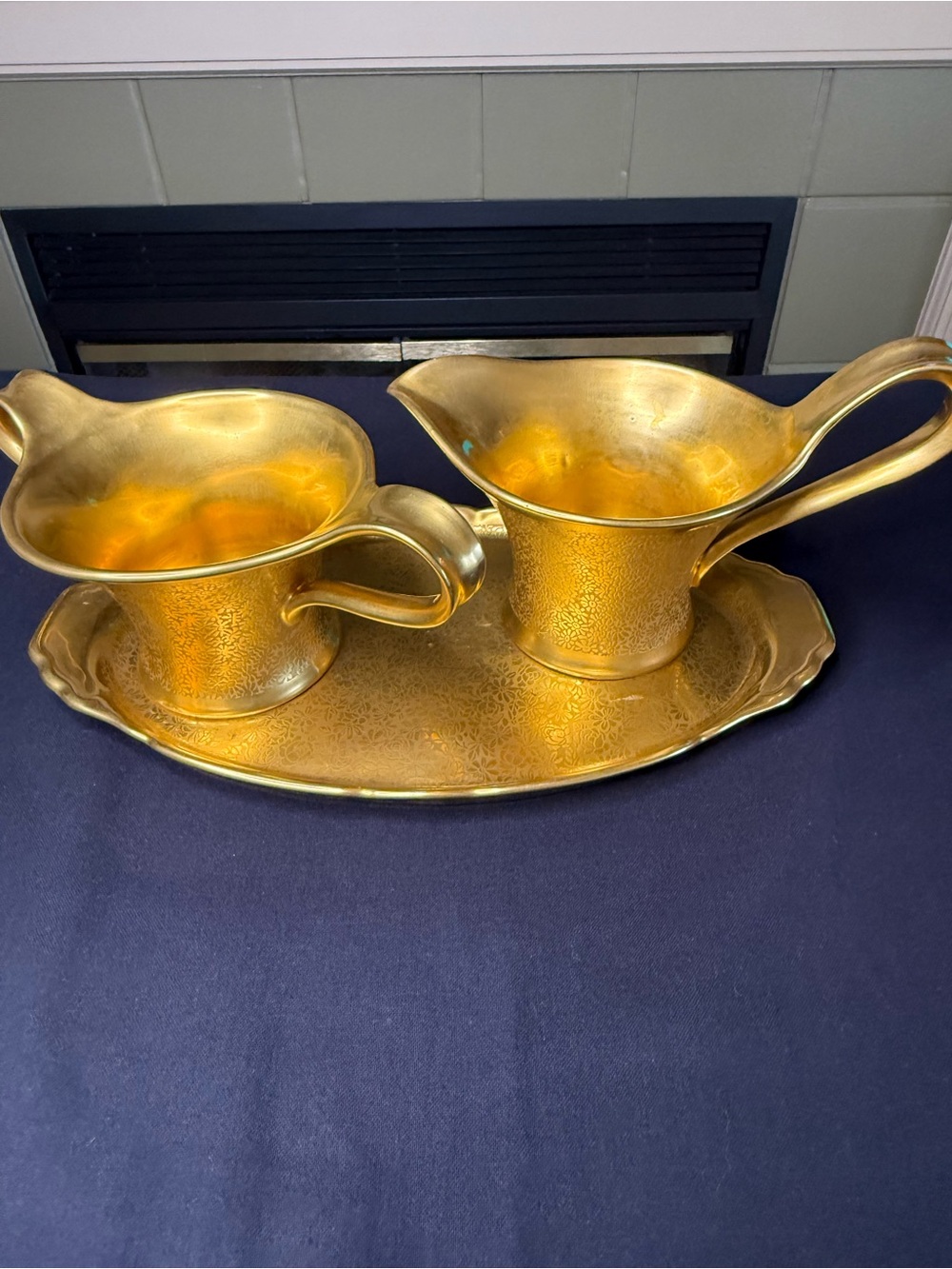 Vintage Pickard Rose & Daisy 24K Gold Czech Open Sugar and Creamer w/Tray
